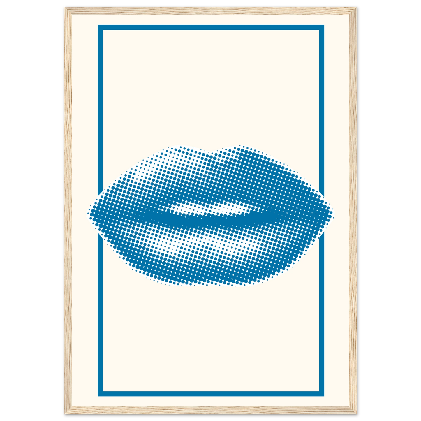 Blue kiss pop art lips print halftone digital art by anya trut in your choice of frame size art print in a White frame size A1 (59.4 x 84.1  cm) affordable wall art by Art Aunty NZ