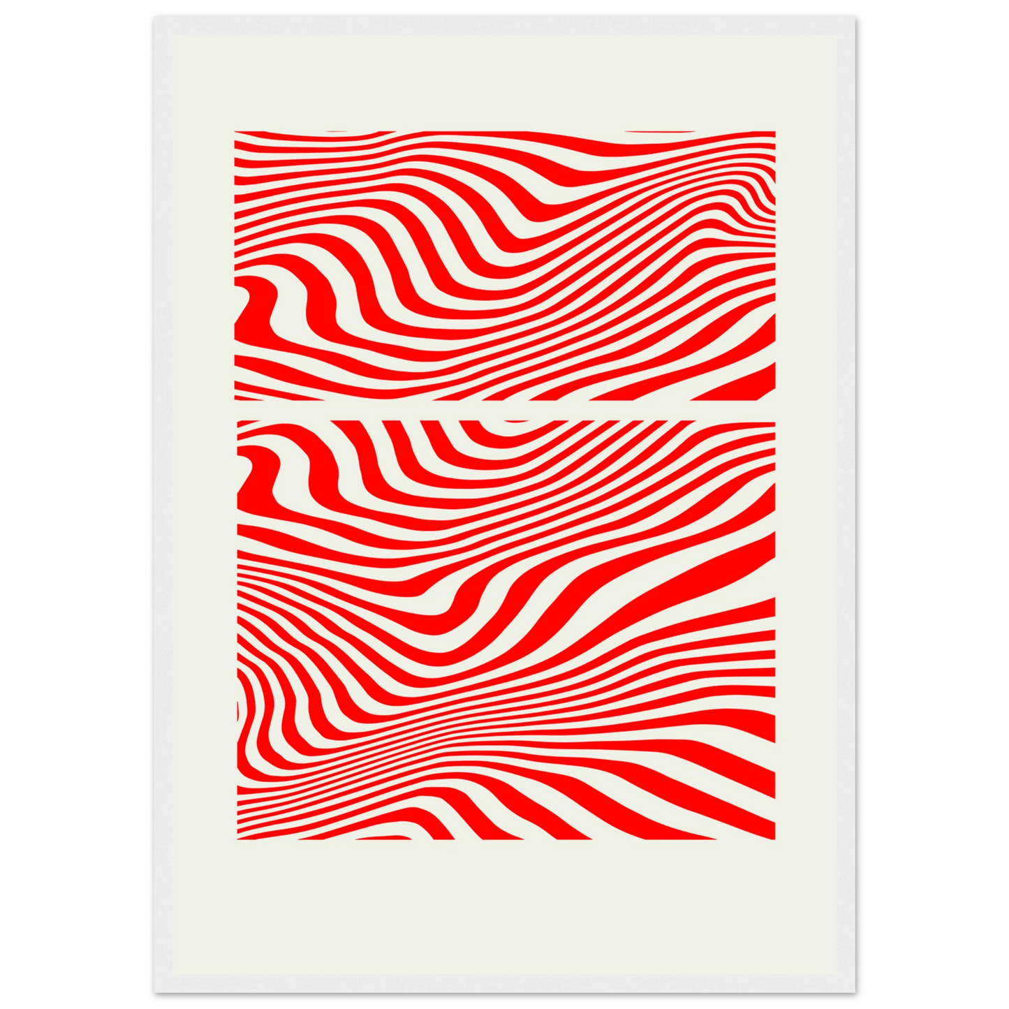 Psychedelic red white waves abstract print hypnotic rhythm framed poster in multiple sizes frame colors art print in a Wood frame size A2 (42 x 59.4  cm) affordable wall art by Art Aunty NZ