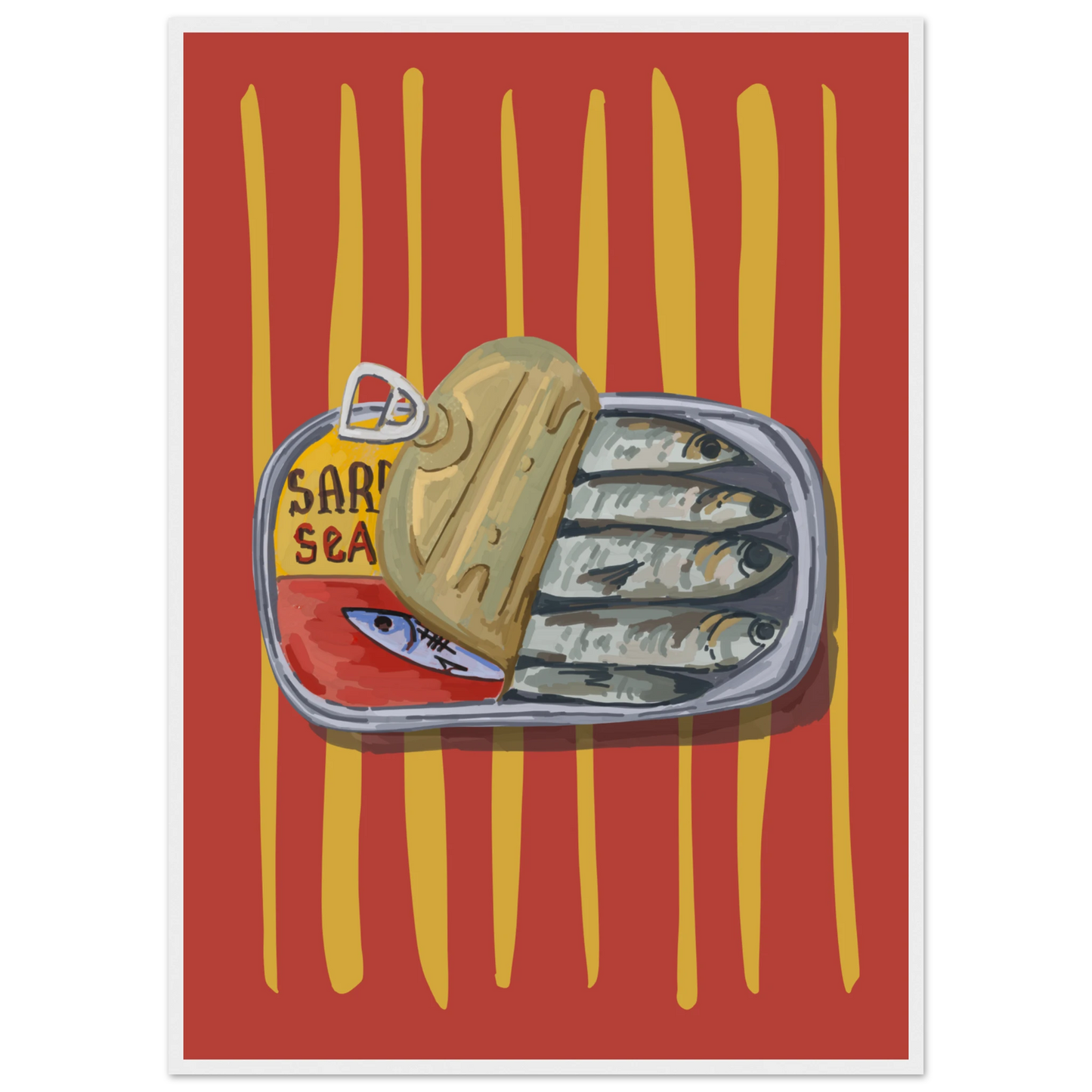 4pm sardine sea pop art print a quirky culinary statement for your walls art print in a White frame size 21x29.7 cm / 8x12" affordable wall art by Art Aunty NZ