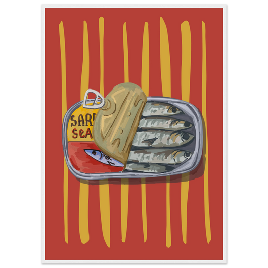 4pm sardine sea pop art print a quirky culinary statement for your walls art print in a White frame size 21x29.7 cm / 8x12" affordable wall art by Art Aunty NZ