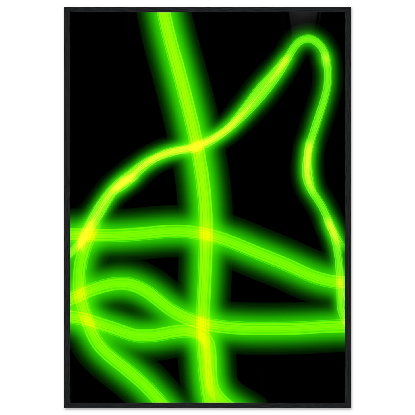 Neon gridflow abstract wall art vibrant green yellow luminescence in your choice of frame size art print in a Black frame size A2 (42 x 59.4  cm) affordable wall art by Art Aunty NZ