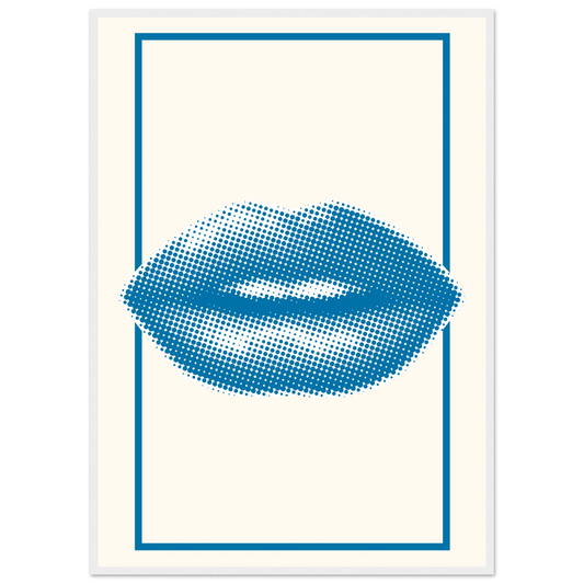 Blue kiss pop art lips print halftone digital art by anya trut in your choice of frame size art print in a White frame size 21x29.7 cm / 8x12" affordable wall art by Art Aunty NZ
