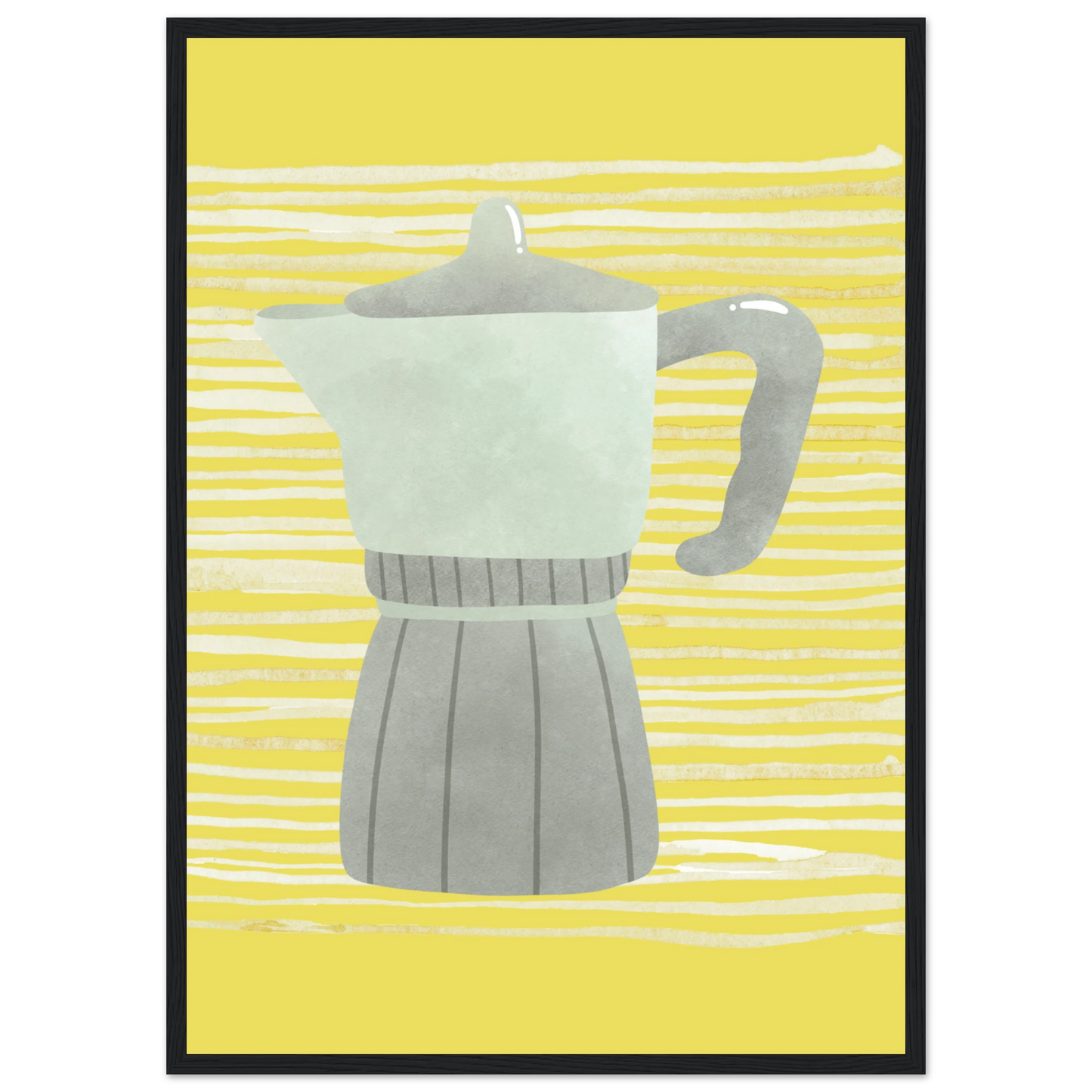 Moka pot morning vibrant yellow grey art print by anya trut available in multiple sizes and frames art print in a Wood frame size 21x29.7 cm / 8x12" affordable wall art by Art Aunty NZ