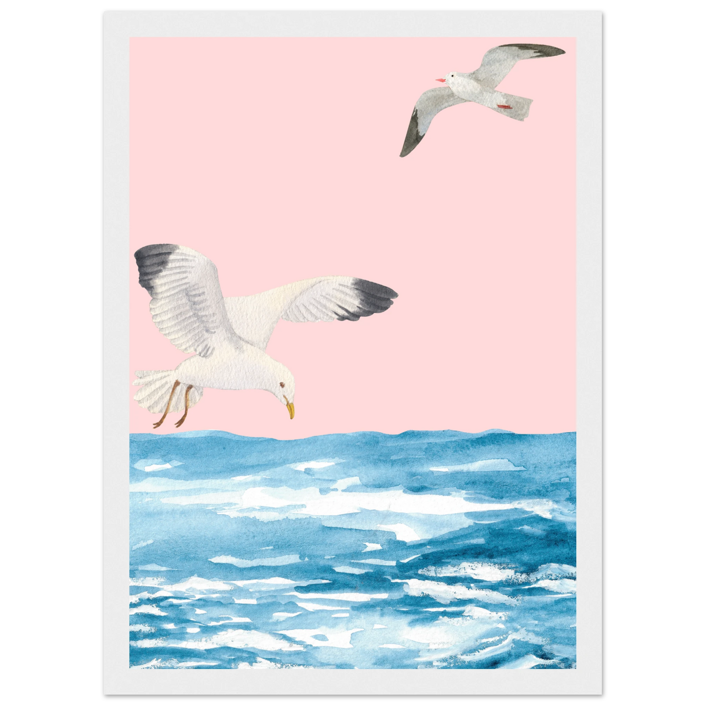 Coastal flight serene seagull watercolour art print by anya trut choose your size frame art print in a Wood frame size A1 (59.4 x 84.1  cm) affordable wall art by Art Aunty NZ