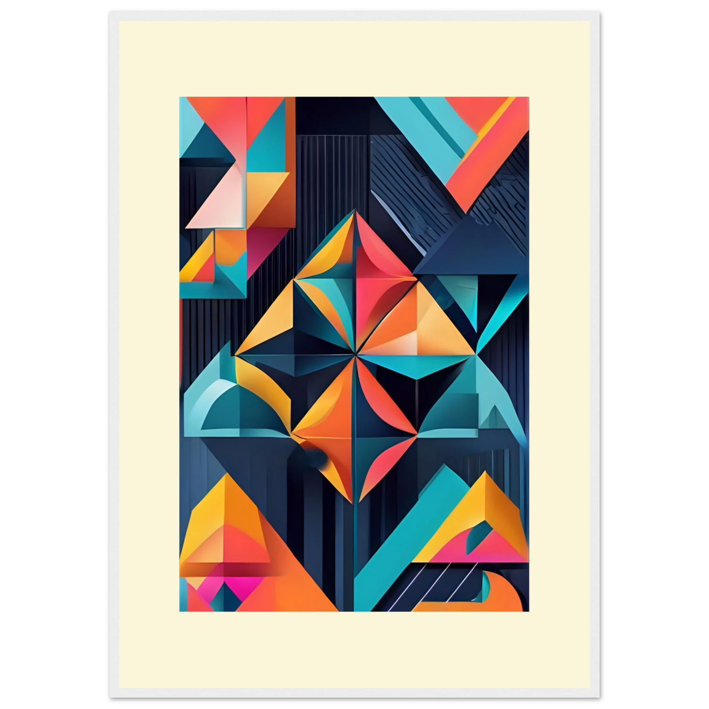 Abstract geometric kaleidoscope print by anya trut vibrant modern wall art in your choice of size frame art print in a White frame size 21x29.7 cm / 8x12" affordable wall art by Art Aunty NZ
