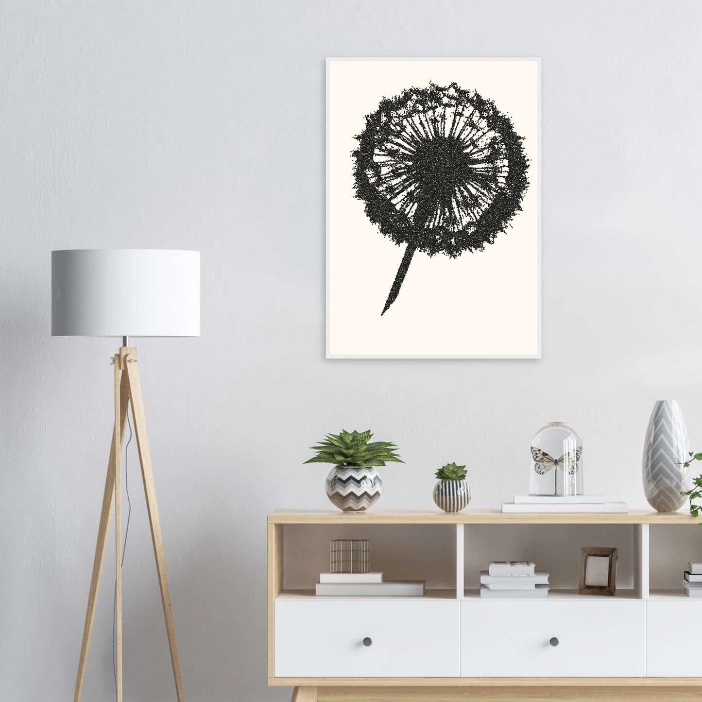 Abstract dandelion seed head art print by anya trut minimalist dot work wall decor in your choice of size frame art print in a  size  affordable wall art by Art Aunty NZ