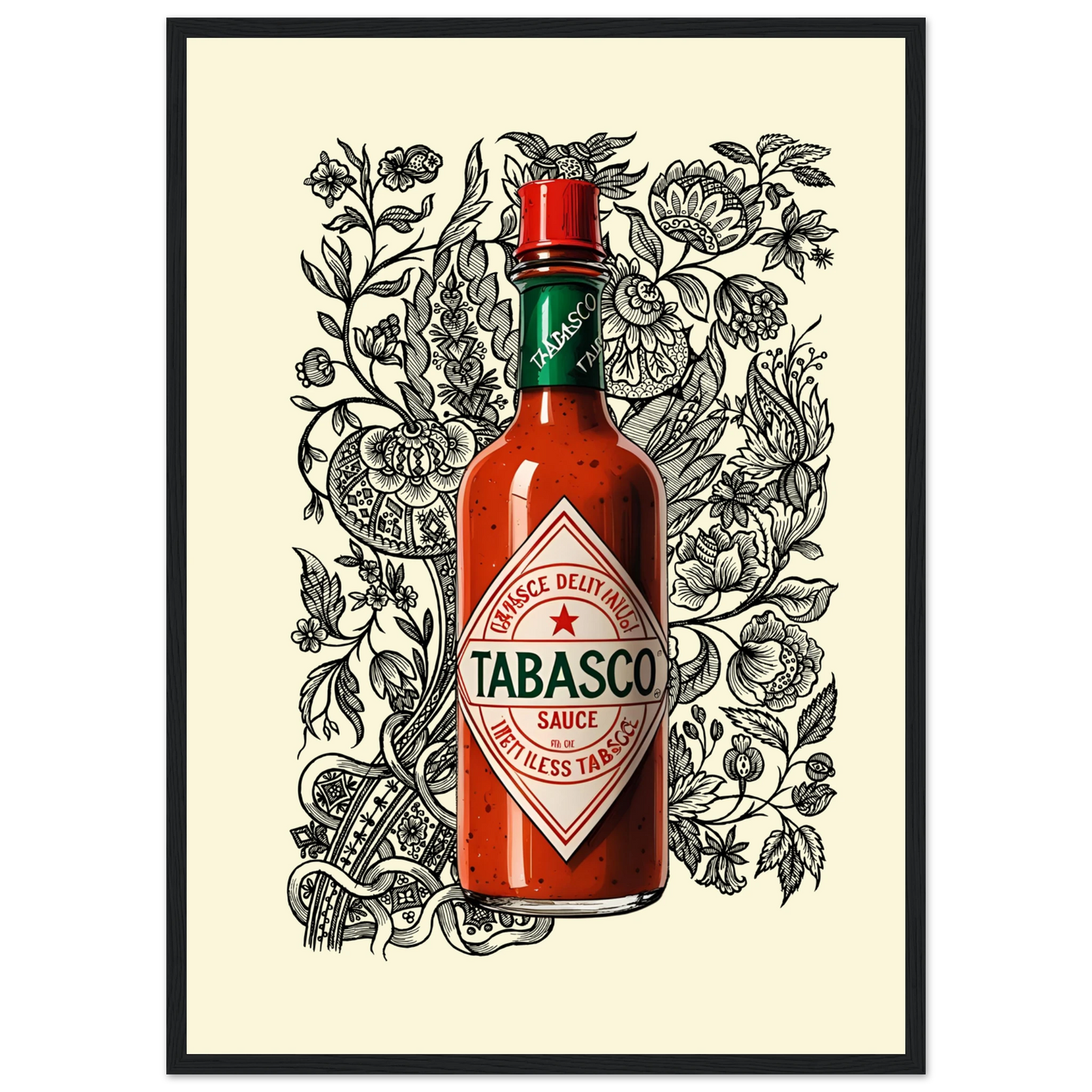Tabasco sauce pop art bold spicy wall art by anya trut choose your size frame art print in a Wood frame size 21x29.7 cm / 8x12" affordable wall art by Art Aunty NZ