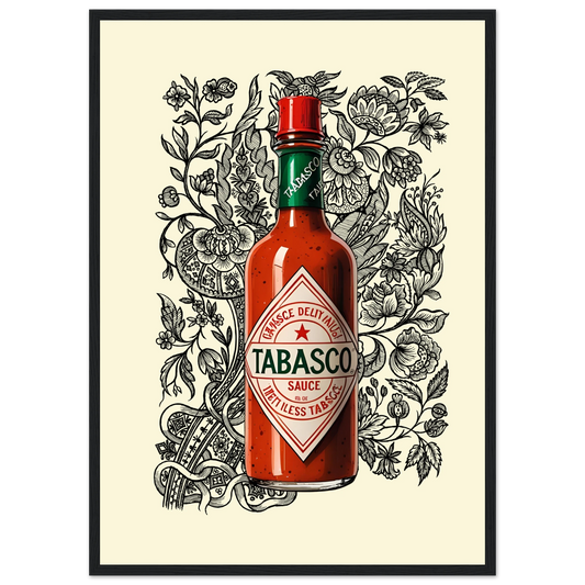 Tabasco sauce pop art bold spicy wall art by anya trut choose your size frame art print in a Wood frame size 21x29.7 cm / 8x12" affordable wall art by Art Aunty NZ