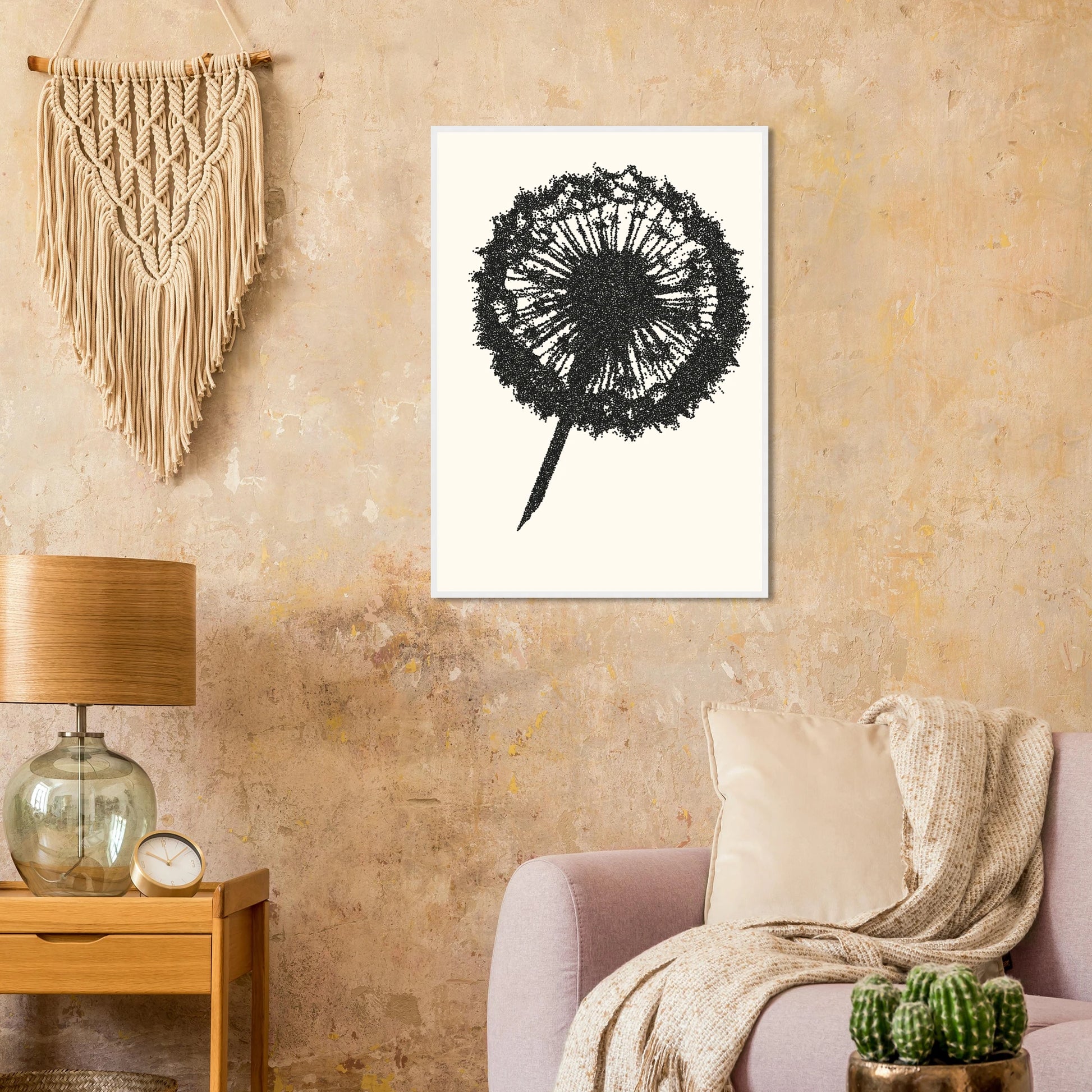 Abstract dandelion seed head art print by anya trut minimalist dot work wall decor in your choice of size frame art print in a  size  affordable wall art by Art Aunty NZ