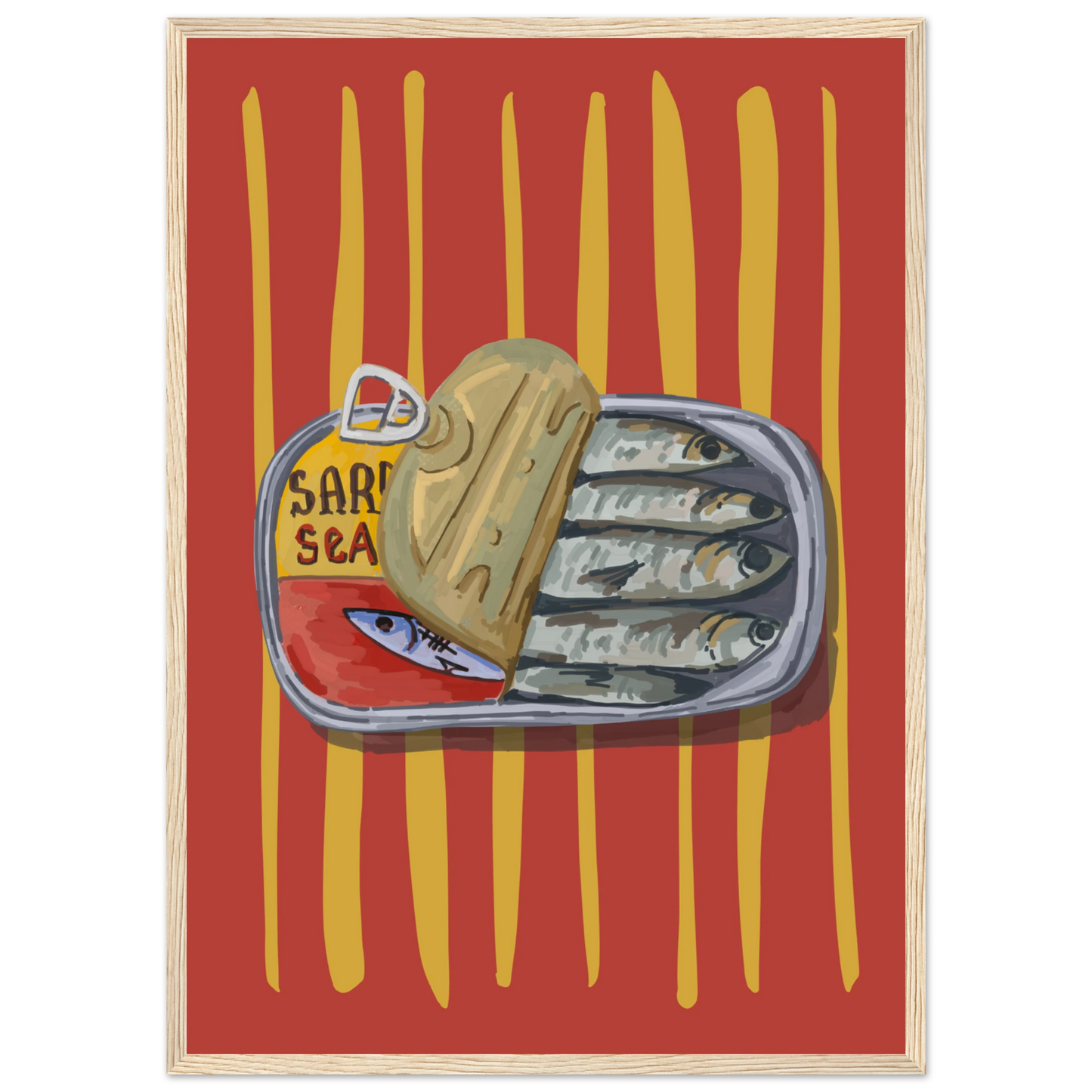 4pm sardine sea pop art print a quirky culinary statement for your walls art print in a Black frame size A2 (42 x 59.4  cm) affordable wall art by Art Aunty NZ