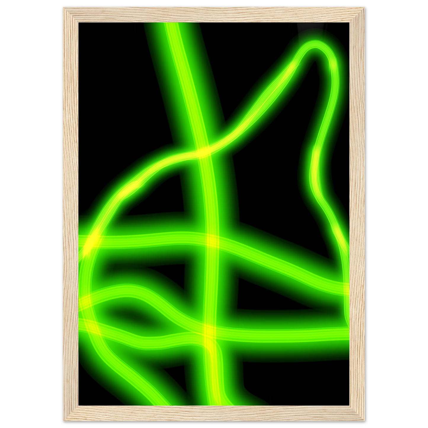 Neon gridflow abstract wall art vibrant green yellow luminescence in your choice of frame size art print in a Black frame size 21x29.7 cm / 8x12" affordable wall art by Art Aunty NZ