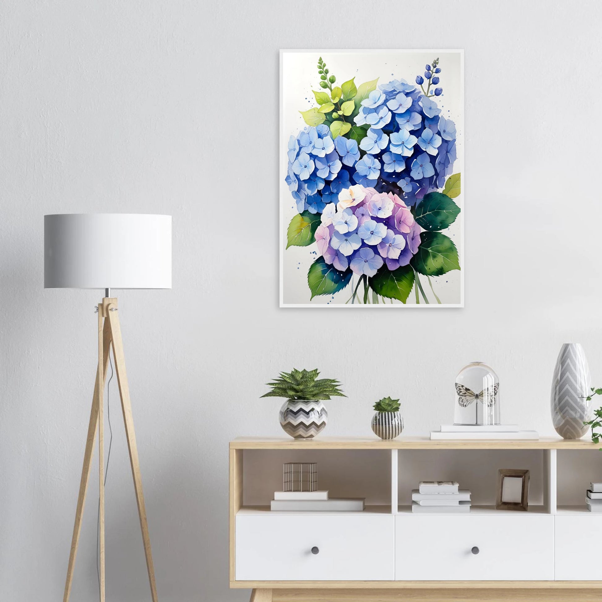 Charming blue and purple hydrangea blooms framed floral watercolor art print by anya trut art print in a  size  affordable wall art by Art Aunty NZ