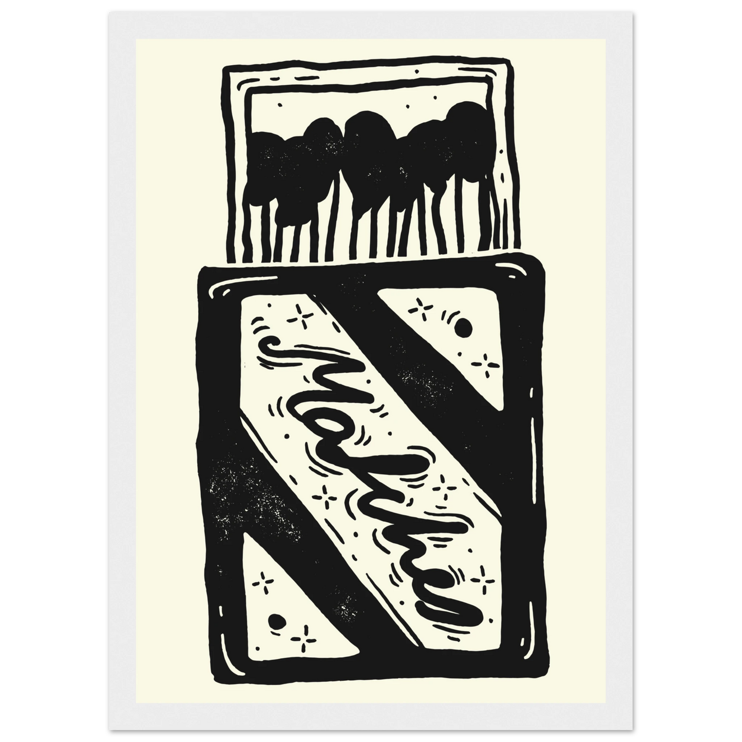 Charming match linocut art print by anya trut black white abstract home decor art print in a Wood frame size A1 (59.4 x 84.1  cm) affordable wall art by Art Aunty NZ