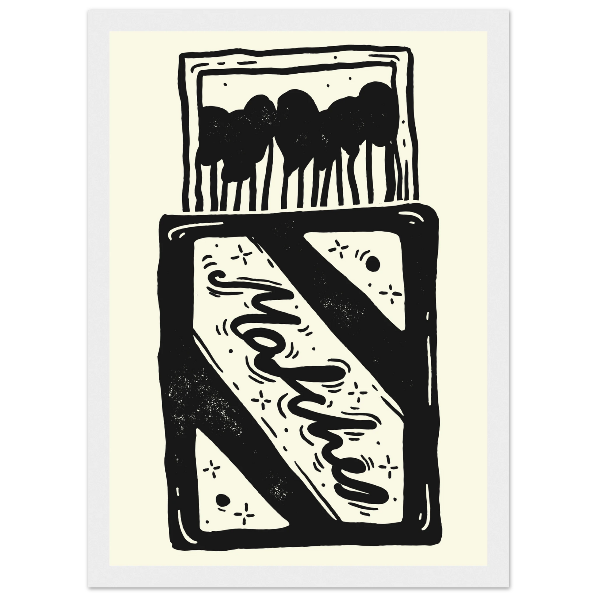 Charming match linocut art print by anya trut black white abstract home decor art print in a Wood frame size A1 (59.4 x 84.1  cm) affordable wall art by Art Aunty NZ