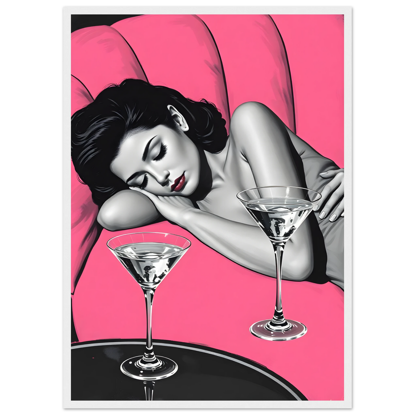 Pink noir chic night cap pop art print by anya trut choose your size frame art print in a Wood frame size A2 (42 x 59.4  cm) affordable wall art by Art Aunty NZ