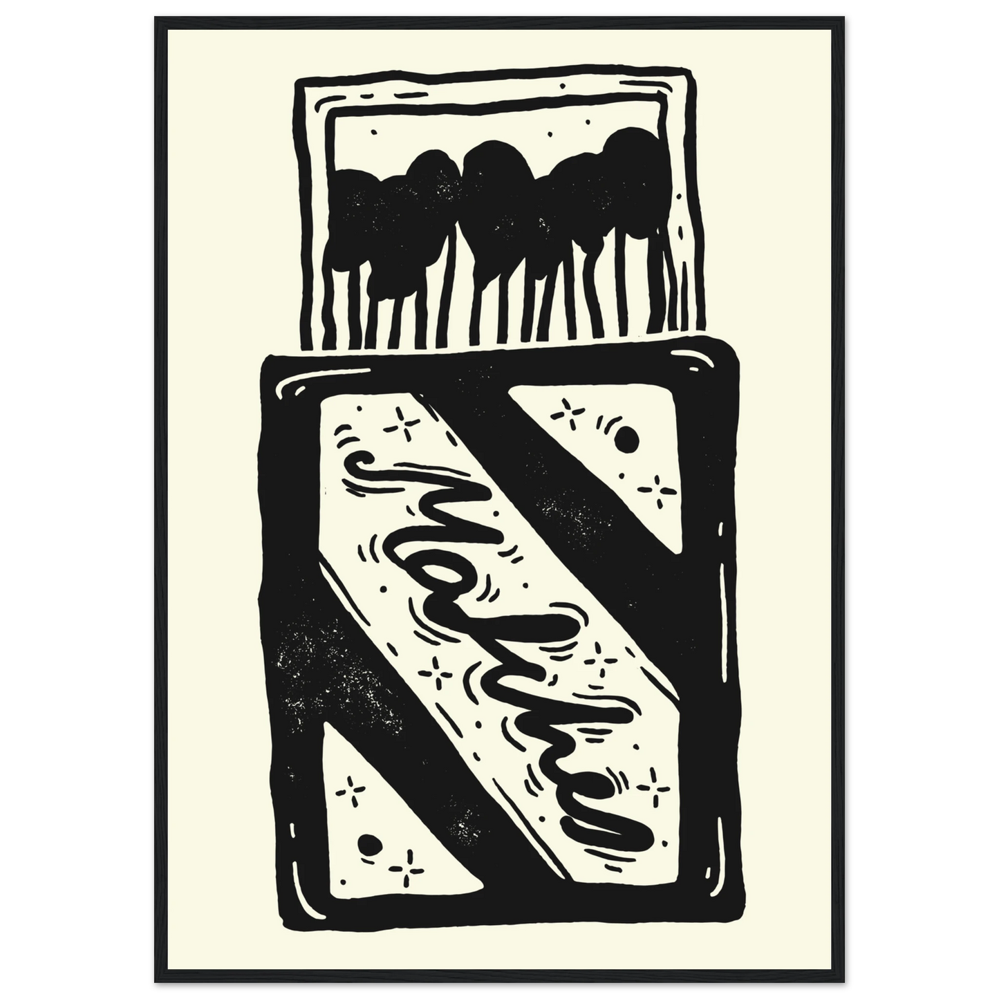 Charming match linocut art print by anya trut black white abstract home decor art print in a Black frame size A2 (42 x 59.4  cm) affordable wall art by Art Aunty NZ