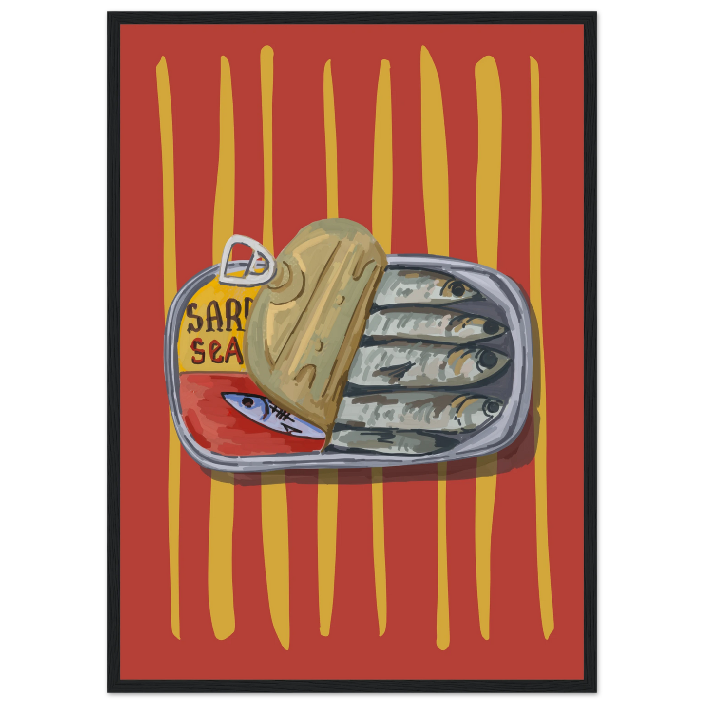 4pm sardine sea pop art print a quirky culinary statement for your walls art print in a Wood frame size A1 (59.4 x 84.1  cm) affordable wall art by Art Aunty NZ