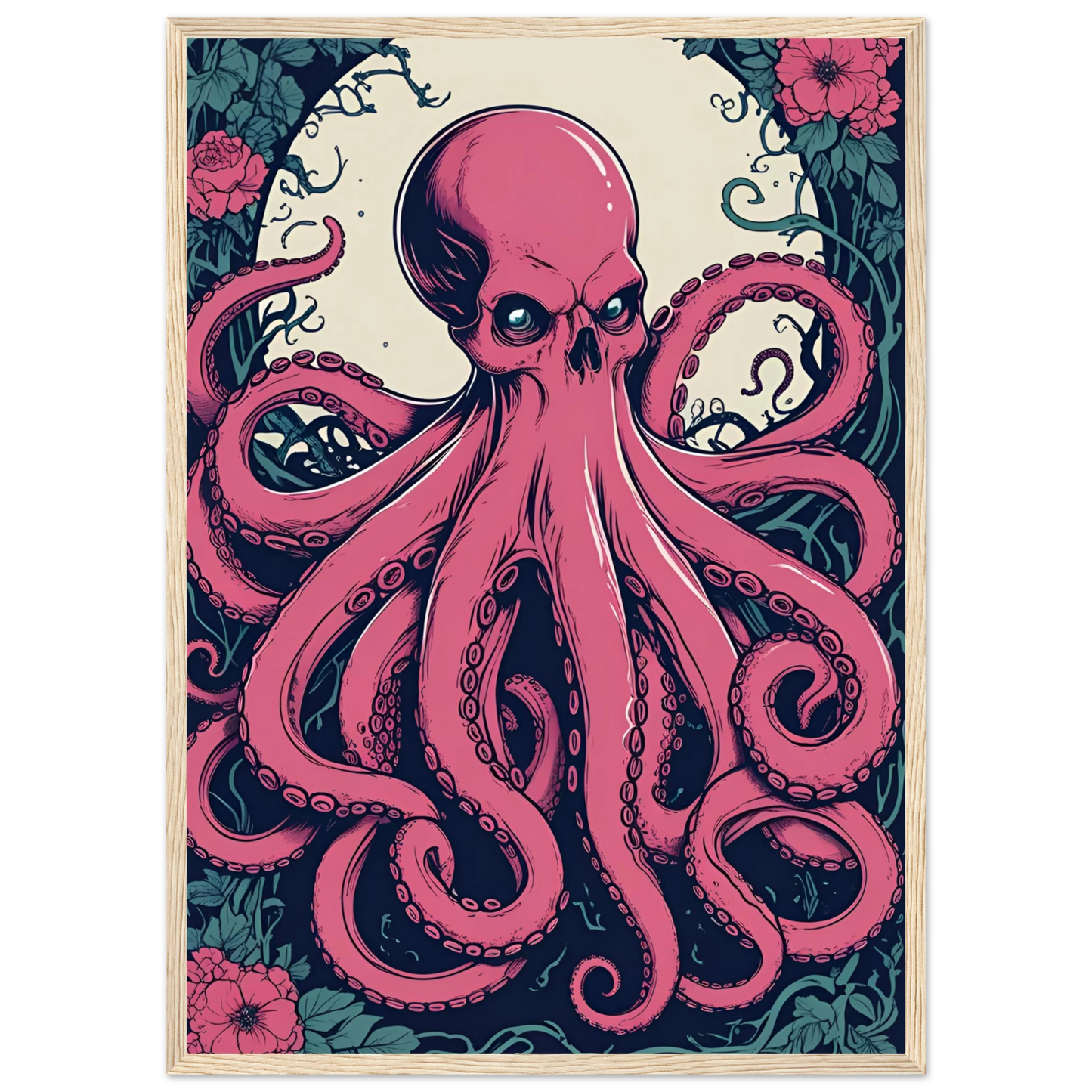 Skulltopus vibrant pink octopus skull botanical art print choose your size frame art print in a White frame size A1 (59.4 x 84.1  cm) affordable wall art by Art Aunty NZ