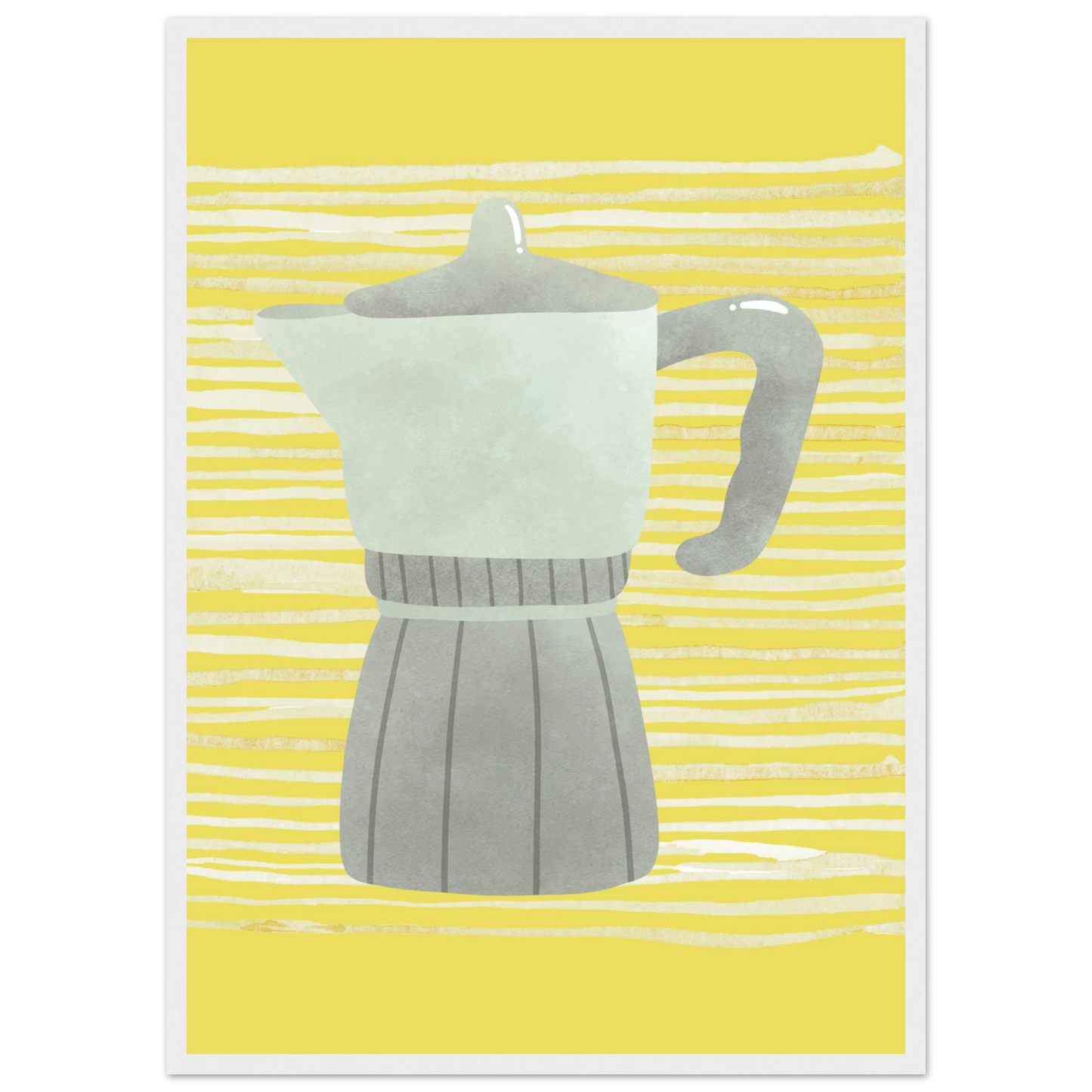 Moka pot morning vibrant yellow grey art print by anya trut available in multiple sizes and frames art print in a Wood frame size A2 (42 x 59.4  cm) affordable wall art by Art Aunty NZ