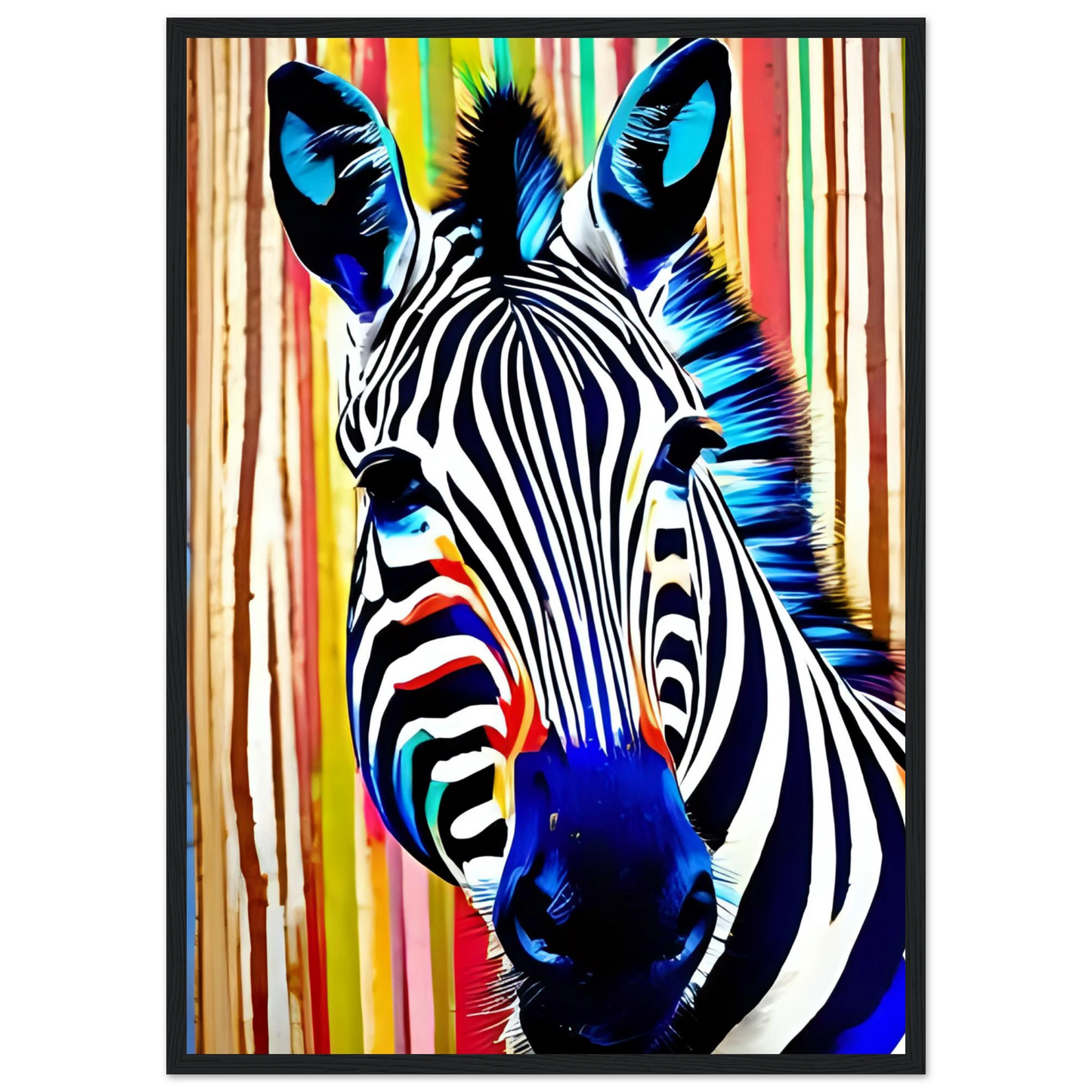 Abstract neon zebra art print electric stripes by anya trut in your choice of size and frame art print in a Wood frame size 21x29.7 cm / 8x12" affordable wall art by Art Aunty NZ