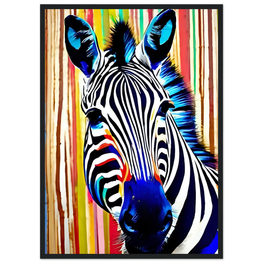 Abstract neon zebra art print electric stripes by anya trut in your choice of size and frame art print in a Wood frame size 21x29.7 cm / 8x12" affordable wall art by Art Aunty NZ