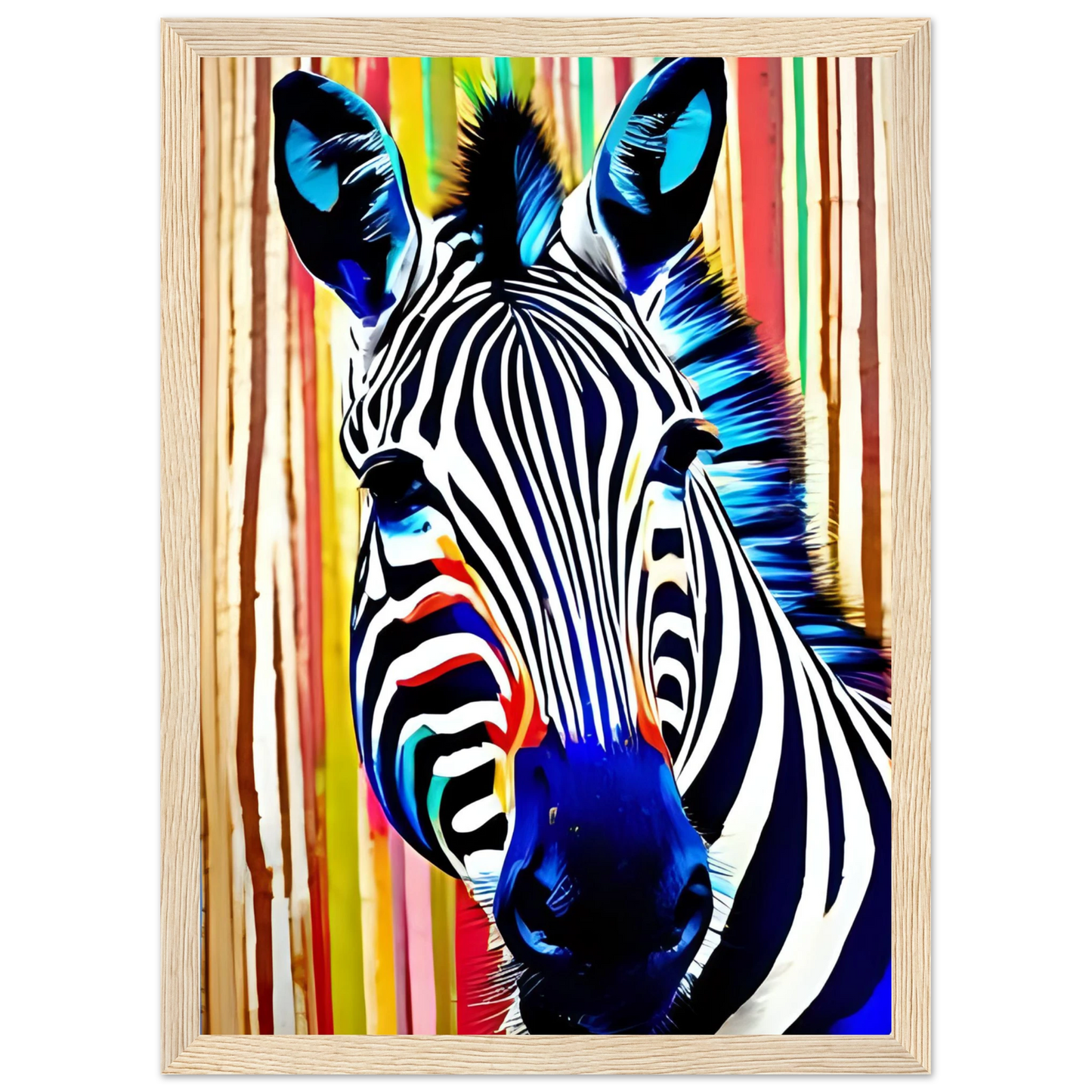Abstract neon zebra art print electric stripes by anya trut in your choice of size and frame art print in a Black frame size 21x29.7 cm / 8x12" affordable wall art by Art Aunty NZ