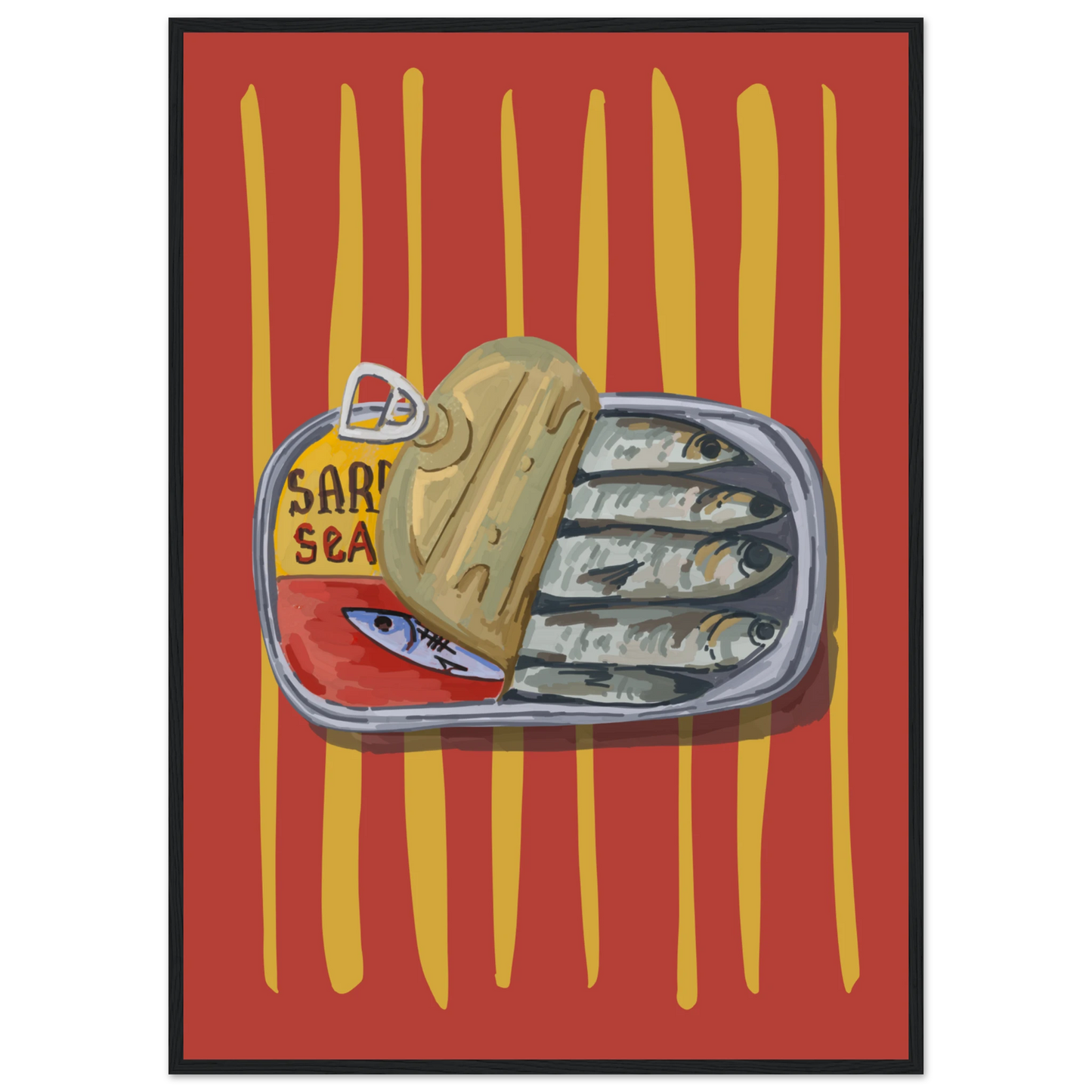 4pm sardine sea pop art print a quirky culinary statement for your walls art print in a Wood frame size 21x29.7 cm / 8x12" affordable wall art by Art Aunty NZ