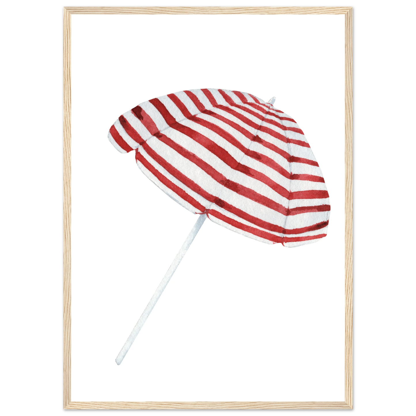 Summer stripes beach umbrella art print by anya trut coastal chic wall decor in multiple sizes frames art print in a White frame size A1 (59.4 x 84.1  cm) affordable wall art by Art Aunty NZ