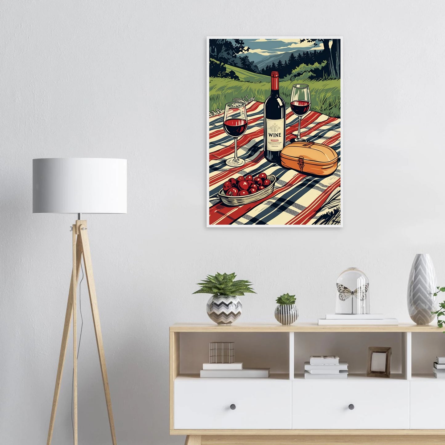 Summer picnic wine cherries serene landscape art print choose your size frame art print in a  size  affordable wall art by Art Aunty NZ
