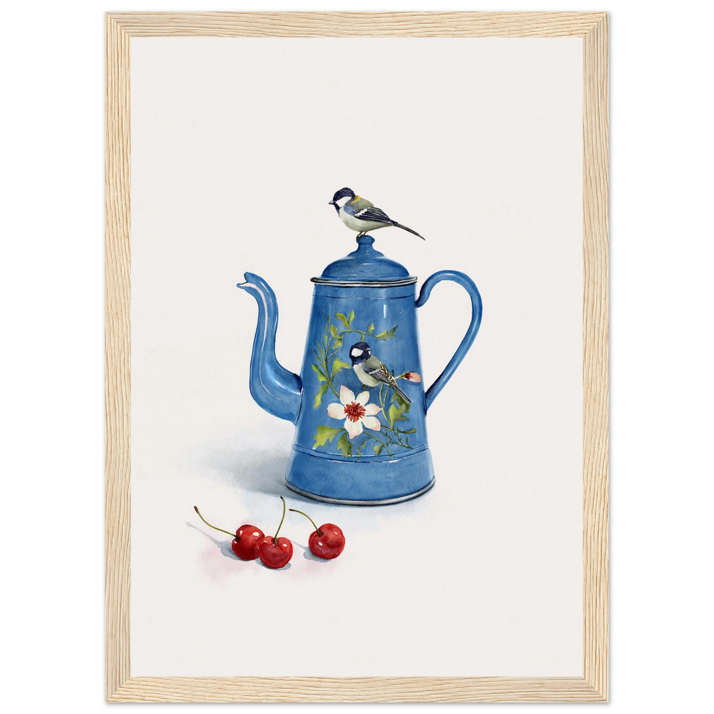 Charming blue bird enamel kettle art print by ioana horvat choose your size frame art print in a Black frame size A2 (42 x 59.4  cm) affordable wall art by Art Aunty NZ