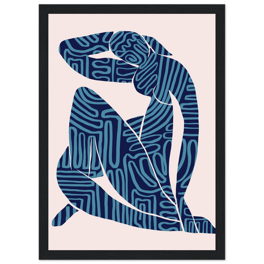 Abstract blue textured silhouette framed poster modern bohemian art print by ioana horvat art print in a Wood frame size 21x29.7 cm / 8x12" affordable wall art by Art Aunty NZ