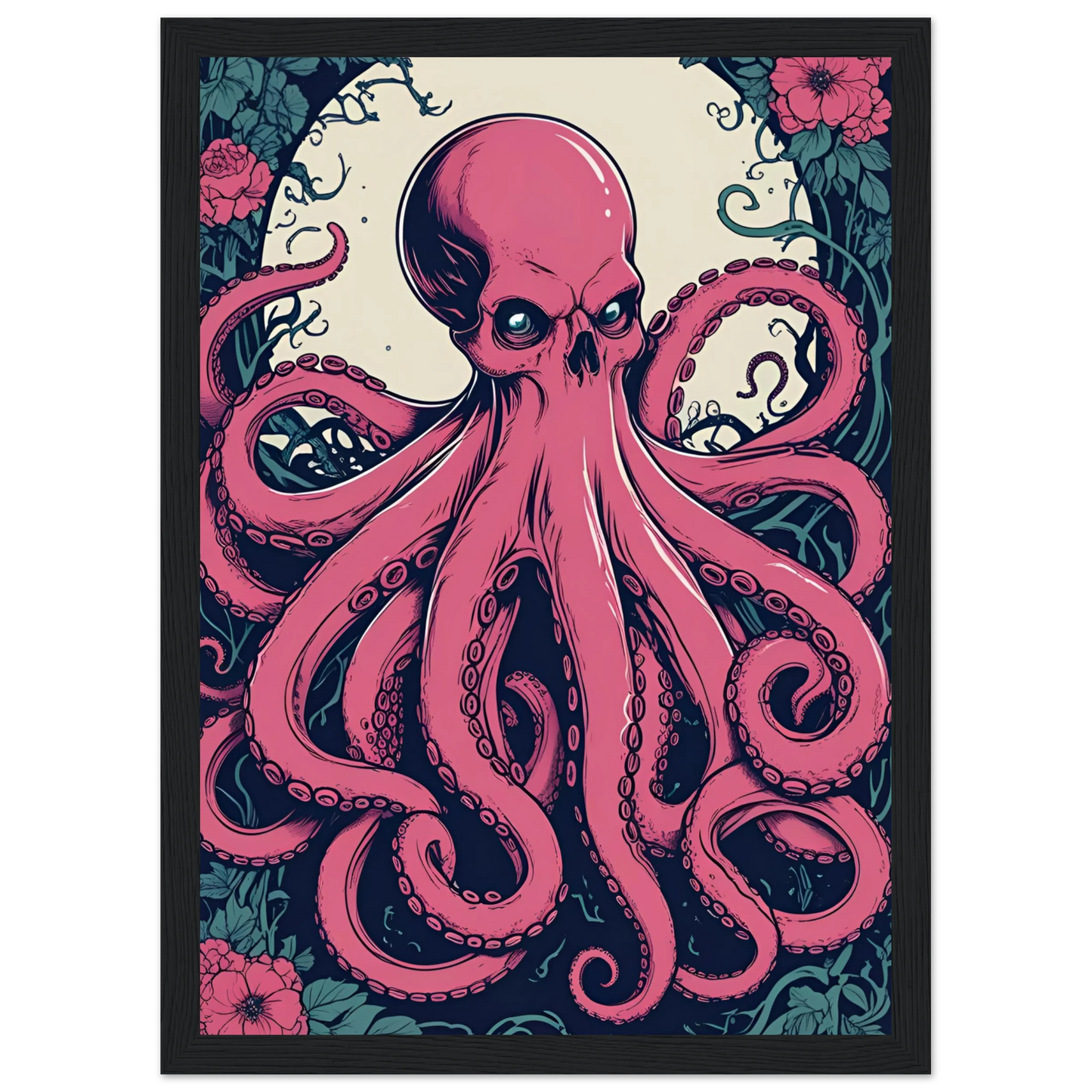 Skulltopus vibrant pink octopus skull botanical art print choose your size frame art print in a White frame size A2 (42 x 59.4  cm) affordable wall art by Art Aunty NZ