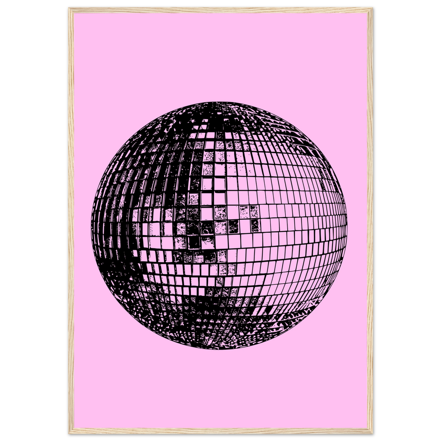Neon disco ball pop art print by anya trut retro inspired wall decor in your preferred size frame art print in a Black frame size A1 (59.4 x 84.1  cm) affordable wall art by Art Aunty NZ