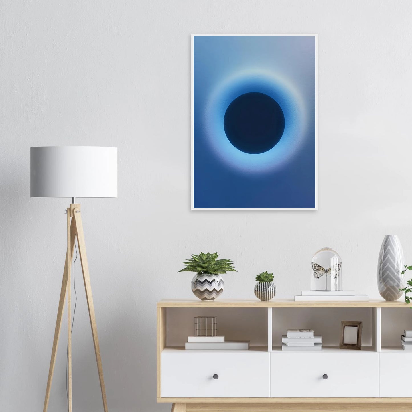 Cosmic aura eclipse art print mesmerizing blue black abstract circle for modern decor available in multiple sizes and frames art print in a  size  affordable wall art by Art Aunty NZ