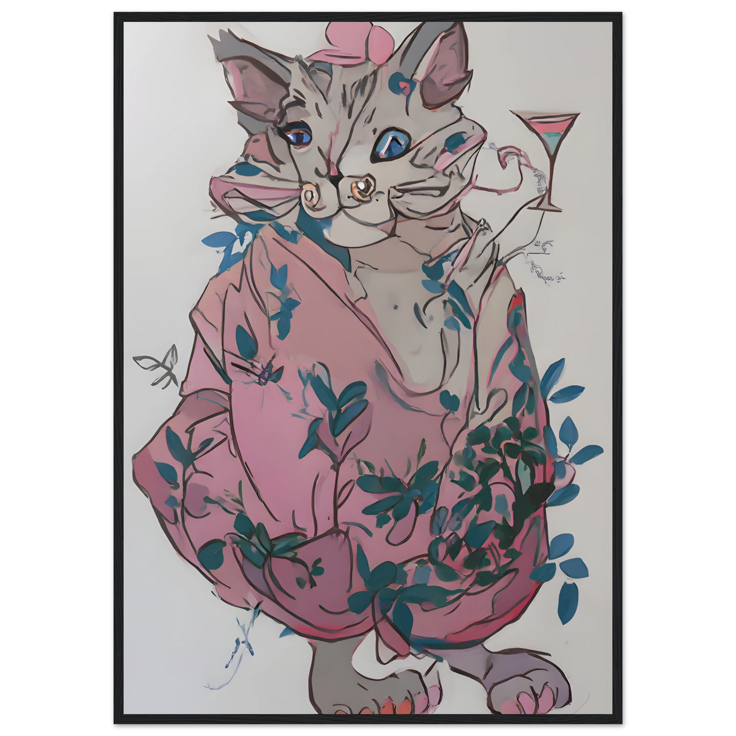 Chic cat with cocktail whimsical pink blue floral art print by anya trut choose your size frame art print in a Black frame size A2 (42 x 59.4  cm) affordable wall art by Art Aunty NZ