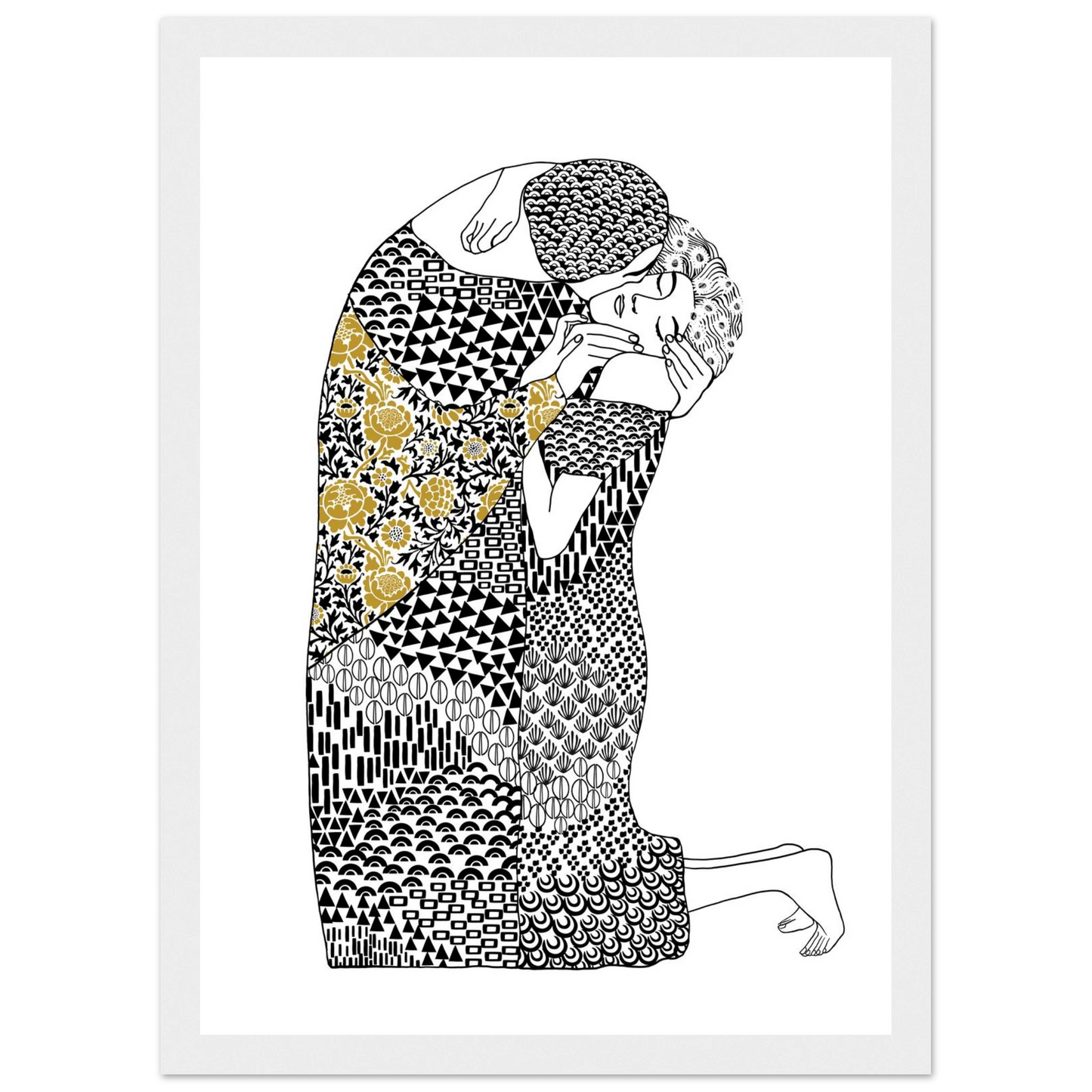 Abstract embrace golden floral geometric art print hand drawn expression on premium poster art print in a Wood frame size A1 (59.4 x 84.1  cm) affordable wall art by Art Aunty NZ