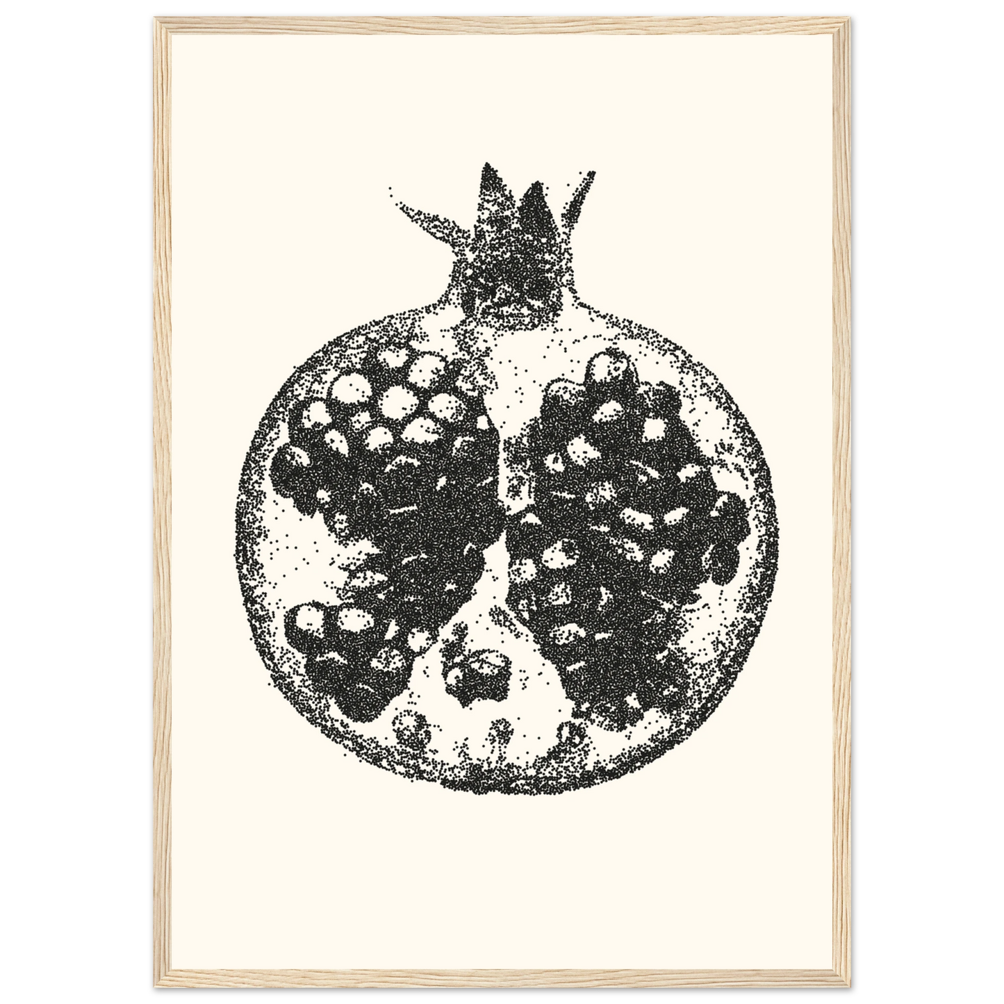 Pomegranate stipple art print by anya trut abstract dotwork fruit wall decor in your choice of frame art print in a White frame size A1 (59.4 x 84.1  cm) affordable wall art by Art Aunty NZ