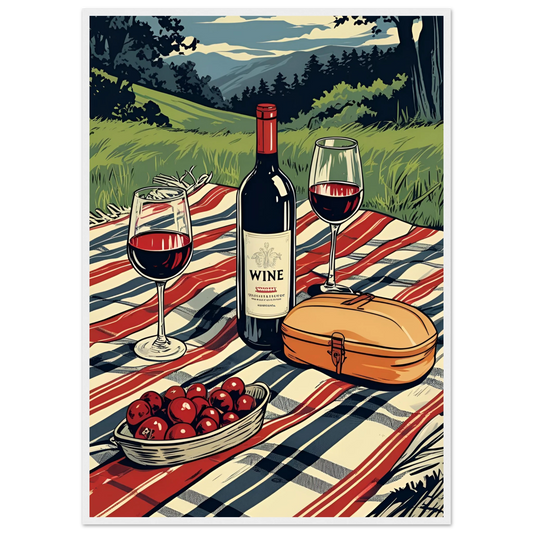 Summer picnic wine cherries serene landscape art print choose your size frame art print in a White frame size 21x29.7 cm / 8x12" affordable wall art by Art Aunty NZ