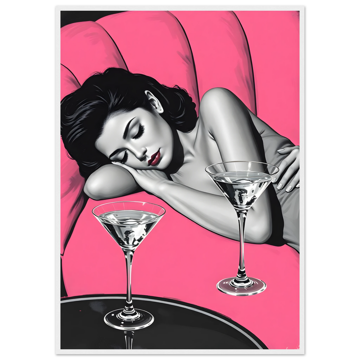 Pink noir chic night cap pop art print by anya trut choose your size frame art print in a White frame size 21x29.7 cm / 8x12" affordable wall art by Art Aunty NZ