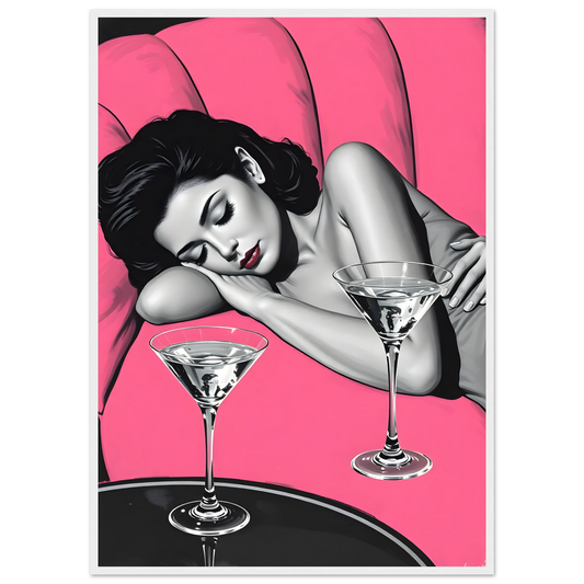 Pink noir chic night cap pop art print by anya trut choose your size frame art print in a White frame size 21x29.7 cm / 8x12" affordable wall art by Art Aunty NZ