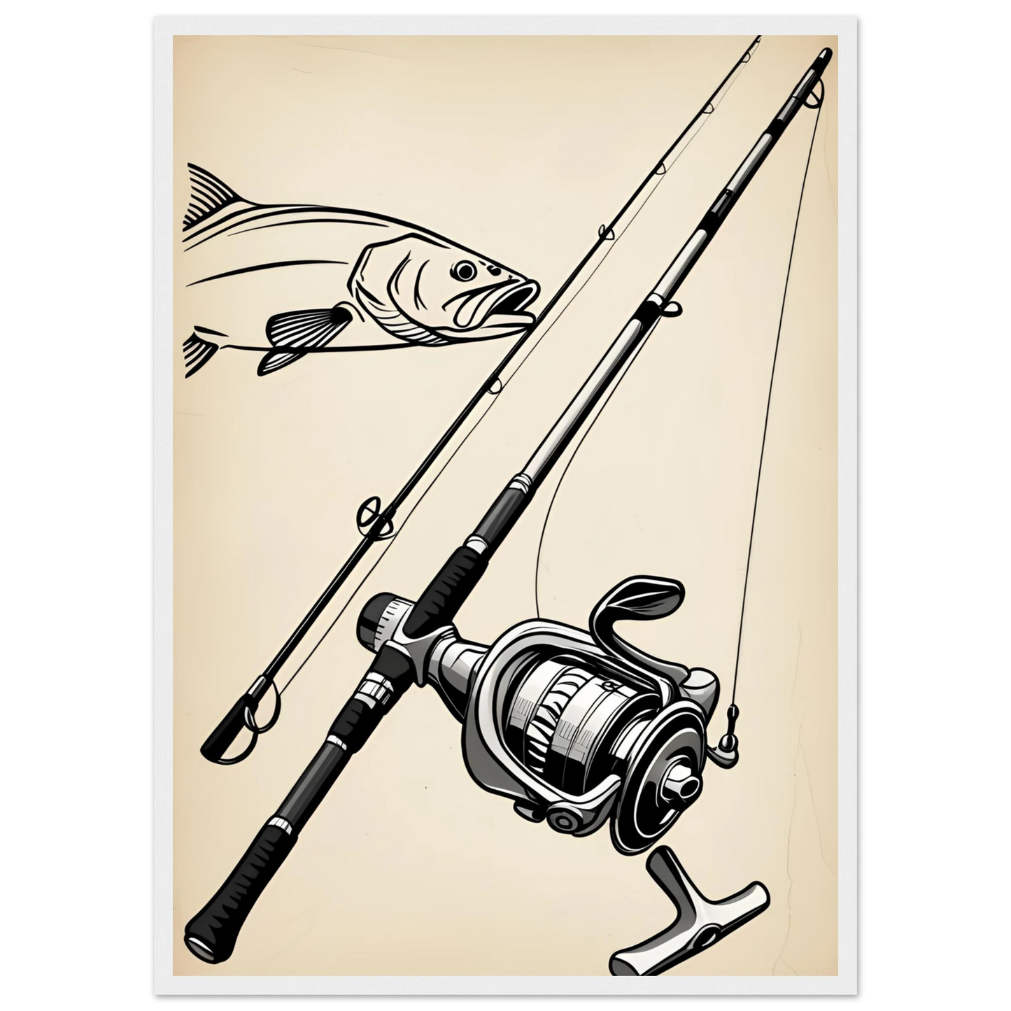 Classic fishing rod reel with bass design art print for anglers outdoors enthusiasts art print in a Wood frame size A2 (42 x 59.4  cm) affordable wall art by Art Aunty NZ