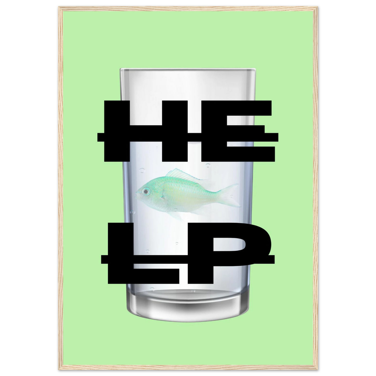 Eco vibe help fish in glass print by anya trut modern art in your choice of size frame art print in a Black frame size A1 (59.4 x 84.1  cm) affordable wall art by Art Aunty NZ