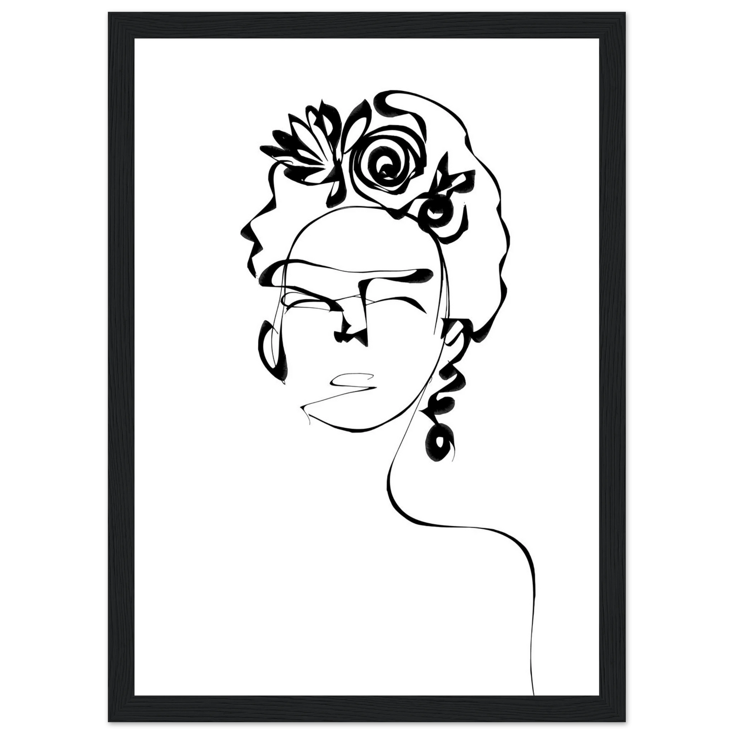 Minimalist frida kahlo inspired line art poster abstract floral portrait print in your choice of size and frame art print in a Wood frame size 21x29.7 cm / 8x12" affordable wall art by Art Aunty NZ