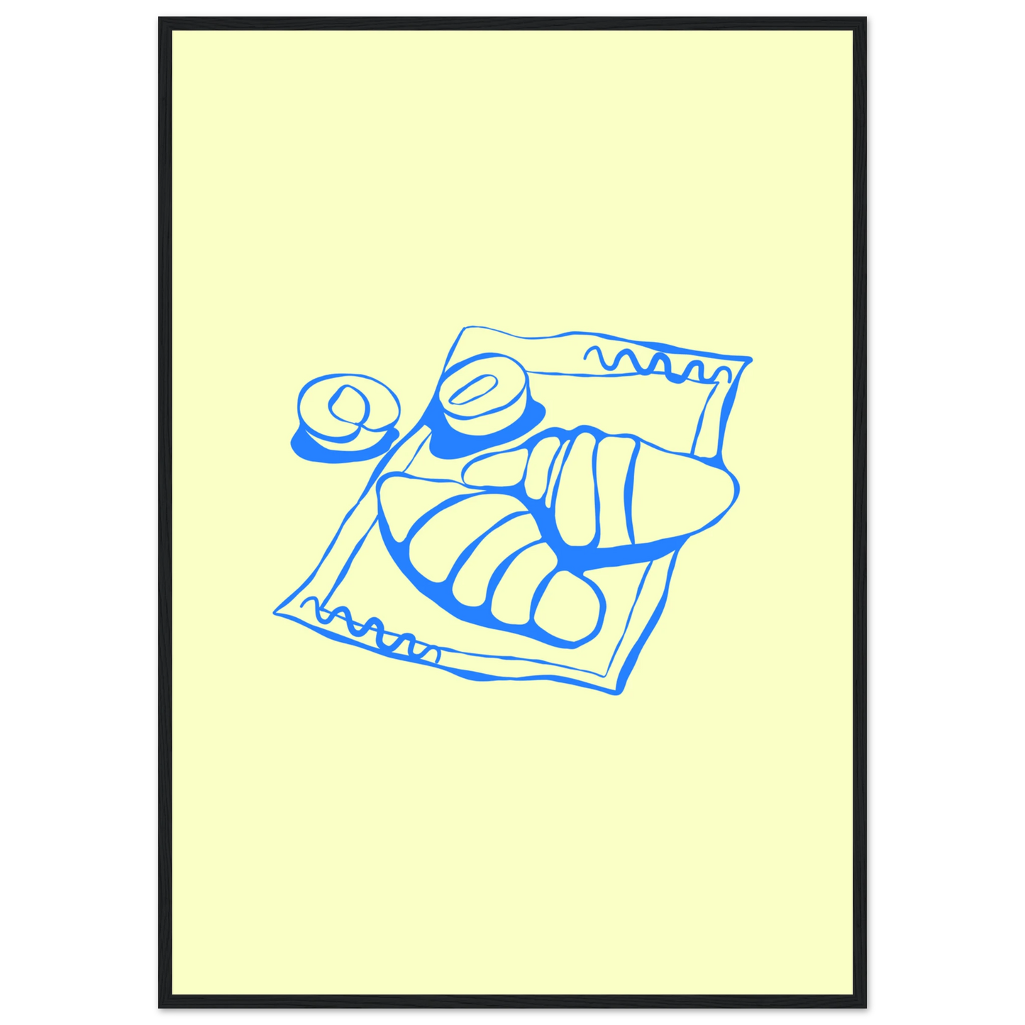 Minimalist blue croissant art print charming breakfast illustration in your choice of frame size art print in a Black frame size A2 (42 x 59.4  cm) affordable wall art by Art Aunty NZ