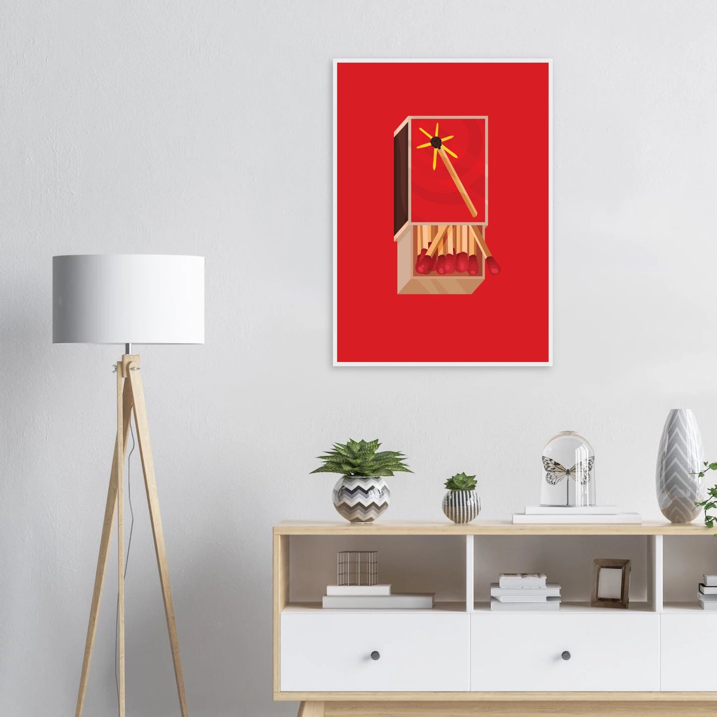 Fiery matchbox art print ignite your decor with bold red yellow hues available framed in various sizes art print in a  size  affordable wall art by Art Aunty NZ