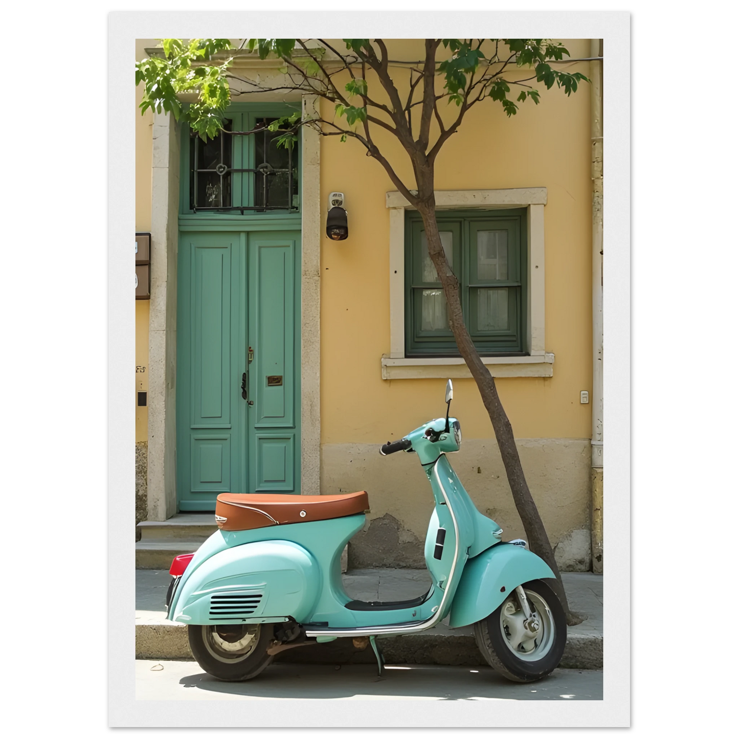 Retro teal vespa street scene art print by anya trut choose your size frame art print in a Wood frame size A1 (59.4 x 84.1  cm) affordable wall art by Art Aunty NZ