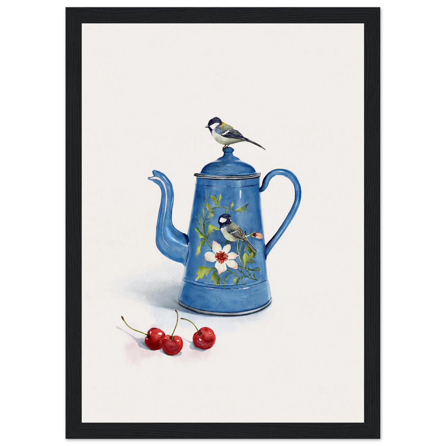 Charming blue bird enamel kettle art print by ioana horvat choose your size frame art print in a Wood frame size 21x29.7 cm / 8x12" affordable wall art by Art Aunty NZ