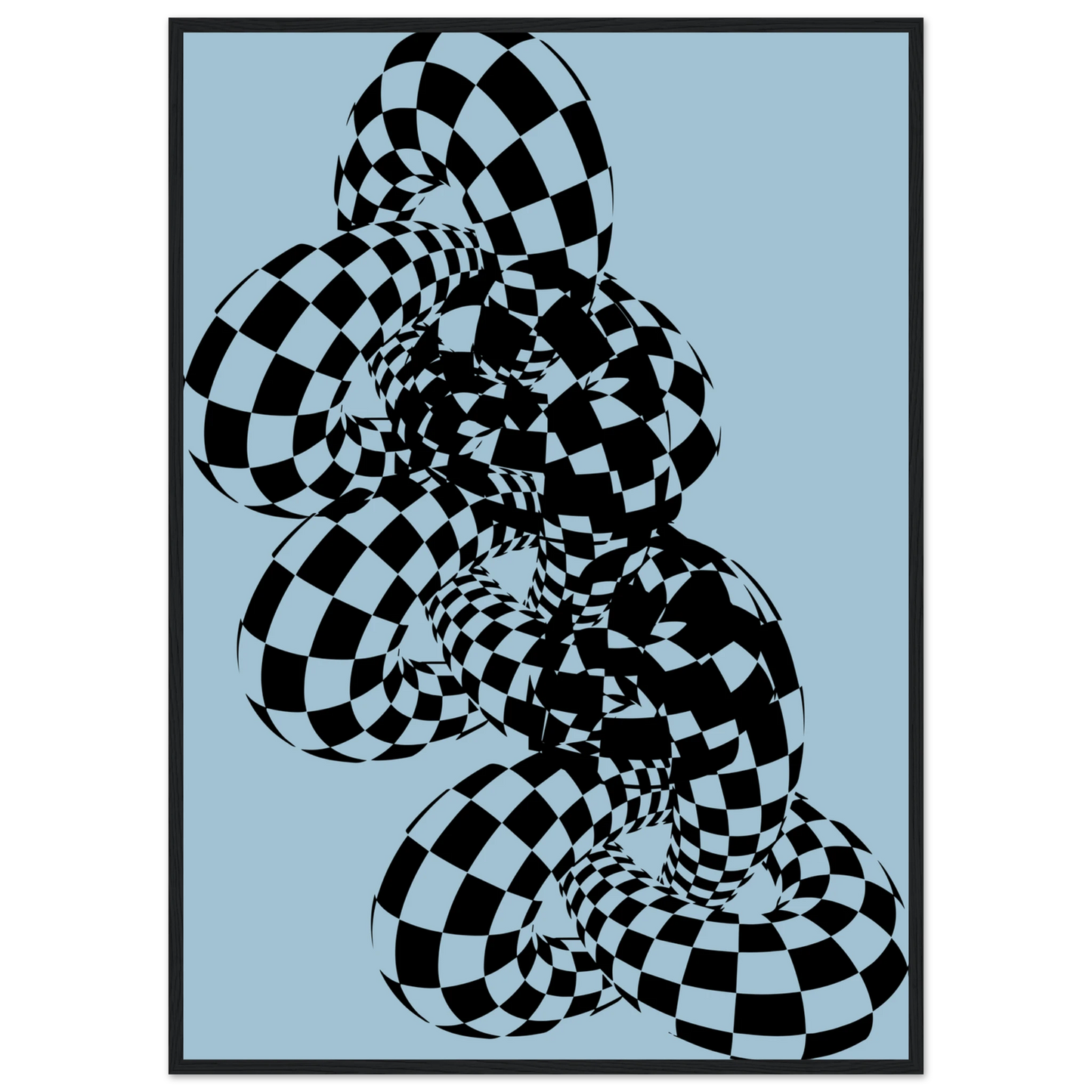 Abstract swirl mesmerizing checkered optical illusion wall art by anya trut art print in a Black frame size A2 (42 x 59.4  cm) affordable wall art by Art Aunty NZ
