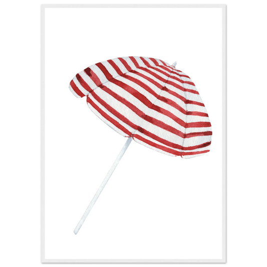 Summer stripes beach umbrella art print by anya trut coastal chic wall decor in multiple sizes frames art print in a White frame size 21x29.7 cm / 8x12" affordable wall art by Art Aunty NZ