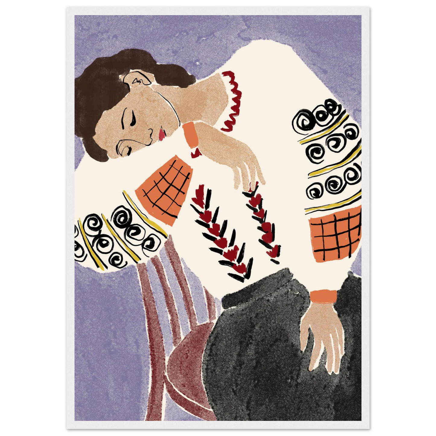 Romanian folk dreams print ioana horvat art poster in three sizes with custom frame options art print in a Black frame size 21x29.7 cm / 8x12" affordable wall art by Art Aunty NZ